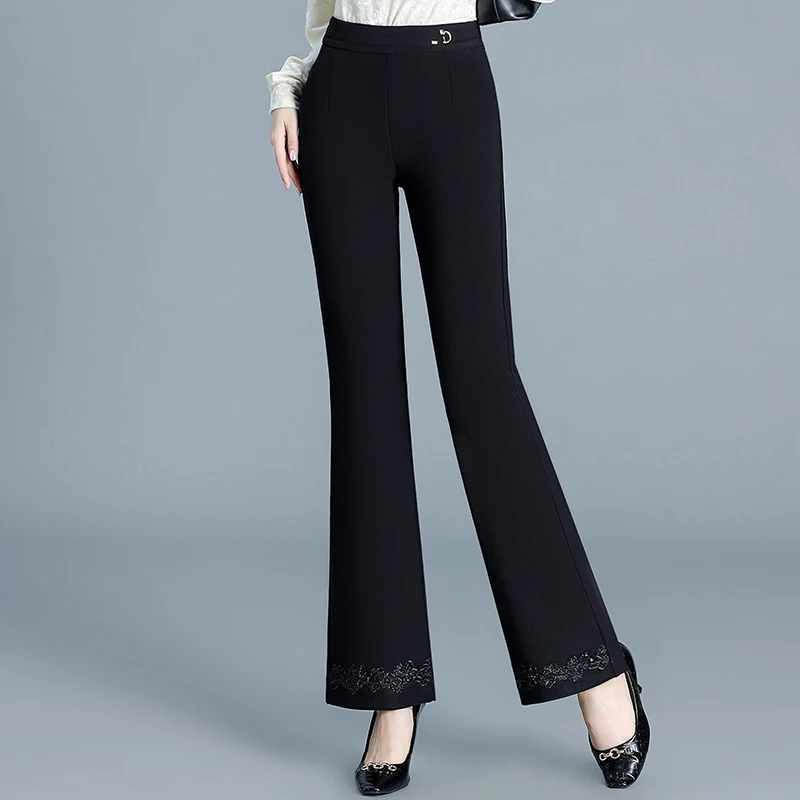 

Женские повседневные брюки с высокой талией, расклешенные, прямого кроя, с вышивкой, из полиэстера, ручной работы, драпированные, черные