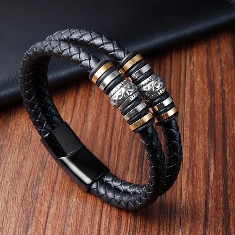 Boho High Quality Multi Layer Braided Rope Leather Bracelet Stainless Steel Men Bangle for Christmas New Year Charm Jewelry Gift