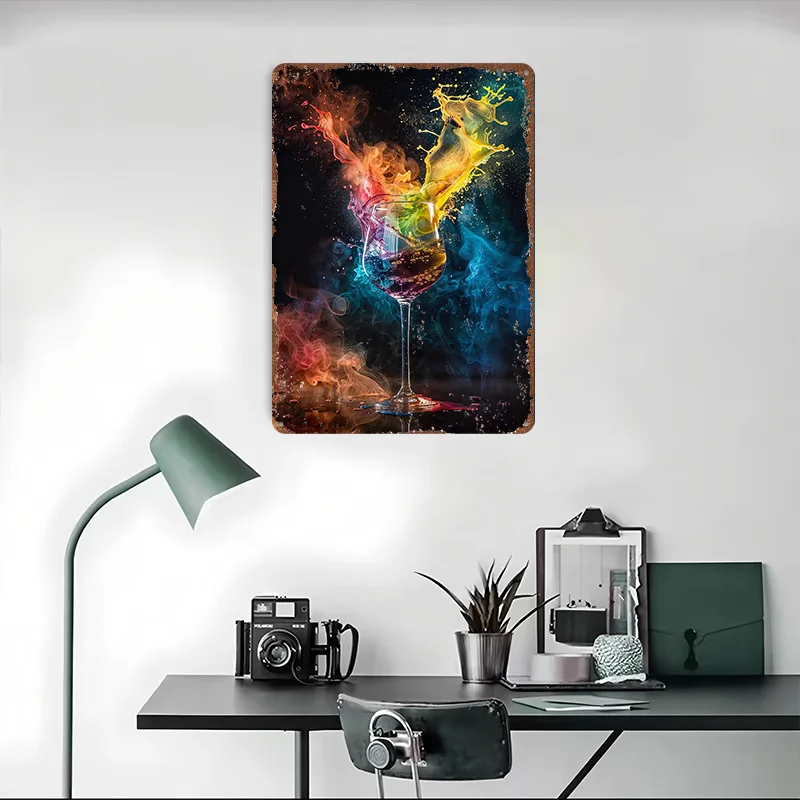 كأس للنبيذ ألوان مجردة معدنية ملصق تين علامات جدار الفن ديكور المنزل علامة معدنية مخصصة للديكور المنزل ديكورات المرآب