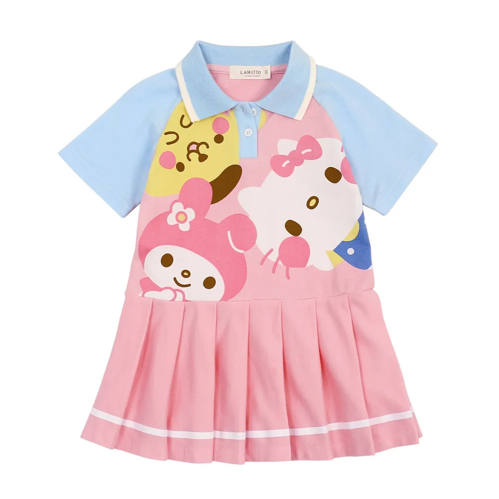 

Hello Kitty Summer Children's Cartoon Cotton Polo Shirt Pleated Dress Girls Cute Lapel Short Sleeve College Skirt