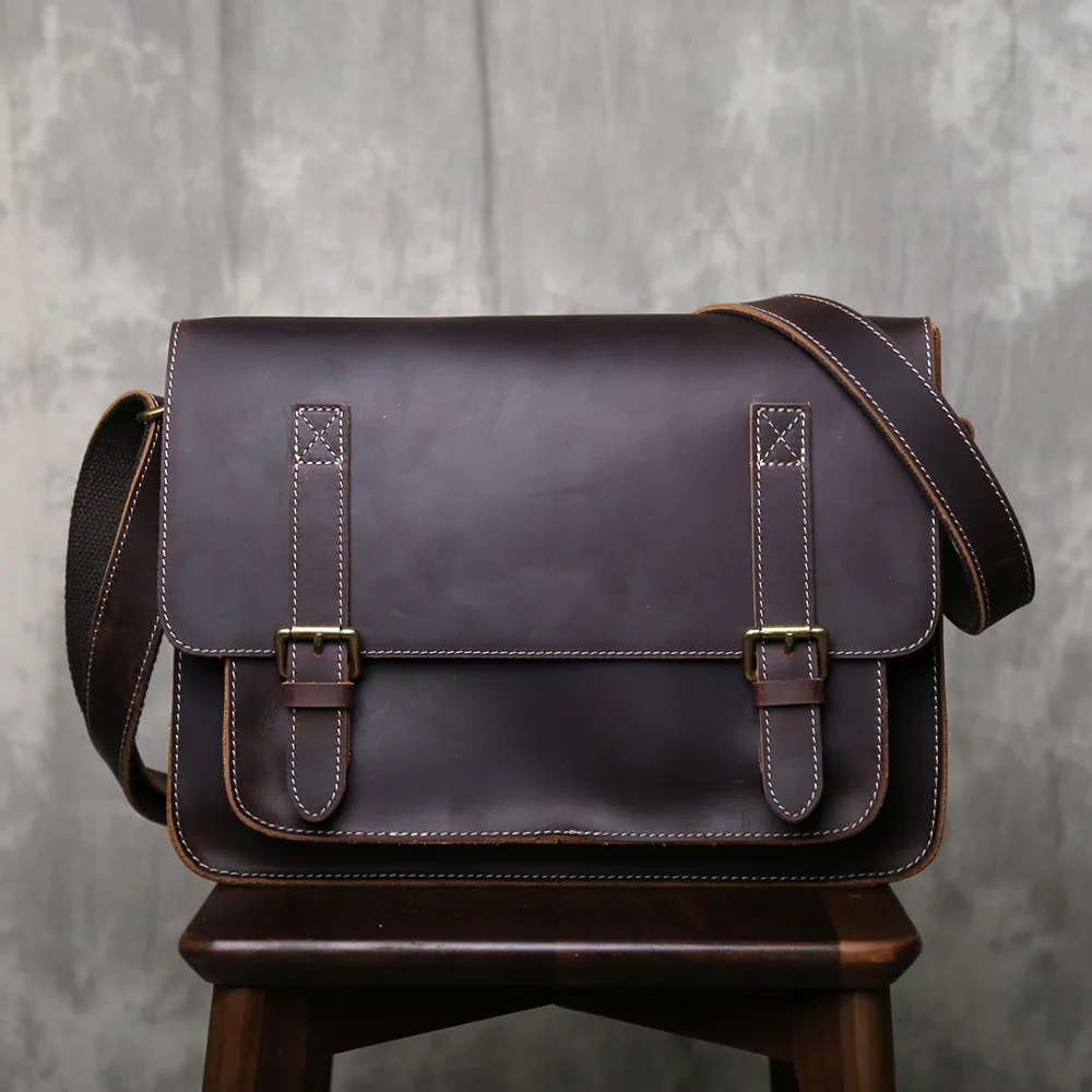 Retro Crazy Horse Leather Men Shoulder Bag Top Grain Cowhide Crossbody Bag Hot Sale Horizontal Messenger Bag
