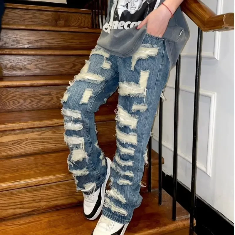 American Style Broken Hole Old Jeans Loose Hundred New Pants Men\'s Streetwear Baggy Jeans Y2k Jeans Ripped Jeans Men Pants