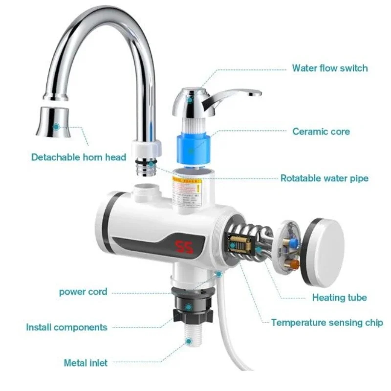 Grifo de agua caliente instantáneo con pantalla de temperatura - Ducha de cocina sin depósito UE