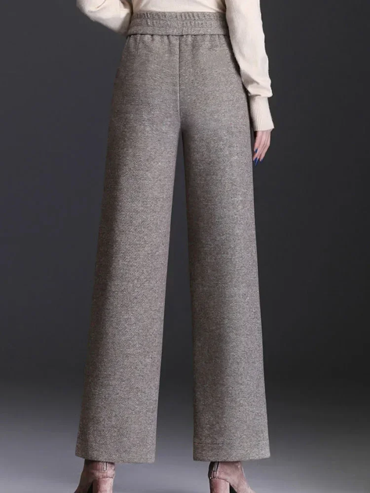 

Thicken Wool Blended Straight Pantalones Womens Woolen Wide Leg Pants Elegant Fashion Baggy High Waist Warm Pantalon Fall Z130