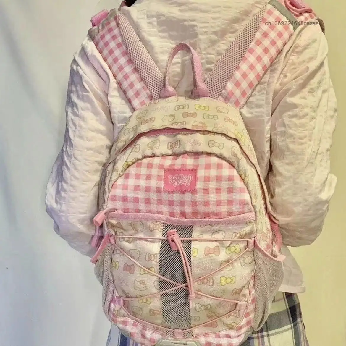 Sanrio-Bolsos rosas dulces de Hello Kitty para mujer, mochilas estéticas de estilo japonés con estampado de lazo Y2k, bolso de hombro lindo coreano,