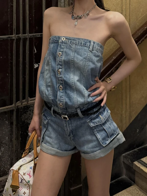 

American Style Vintage Washed Denim Shorts Women's Spring Summer New Street Sexy Girl Fashionable Workwear Overall Pants
