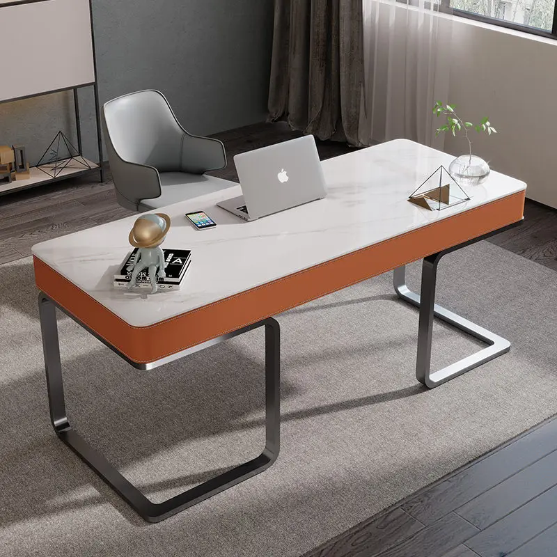 

Italian Saddle Leather Study Desk, Modern Household Small Apartment Writing Desk, Minimalist Rock Slab Office Computer Desk
