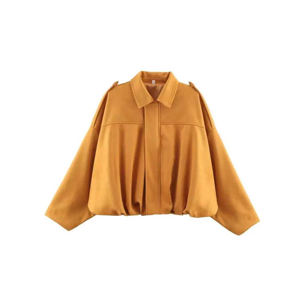 Jaqueta Feminina de Camurça Estilo Piloto com Gola de Zíper, Caimento Solto, Textura de Qualidade, Moda Primavera Outono