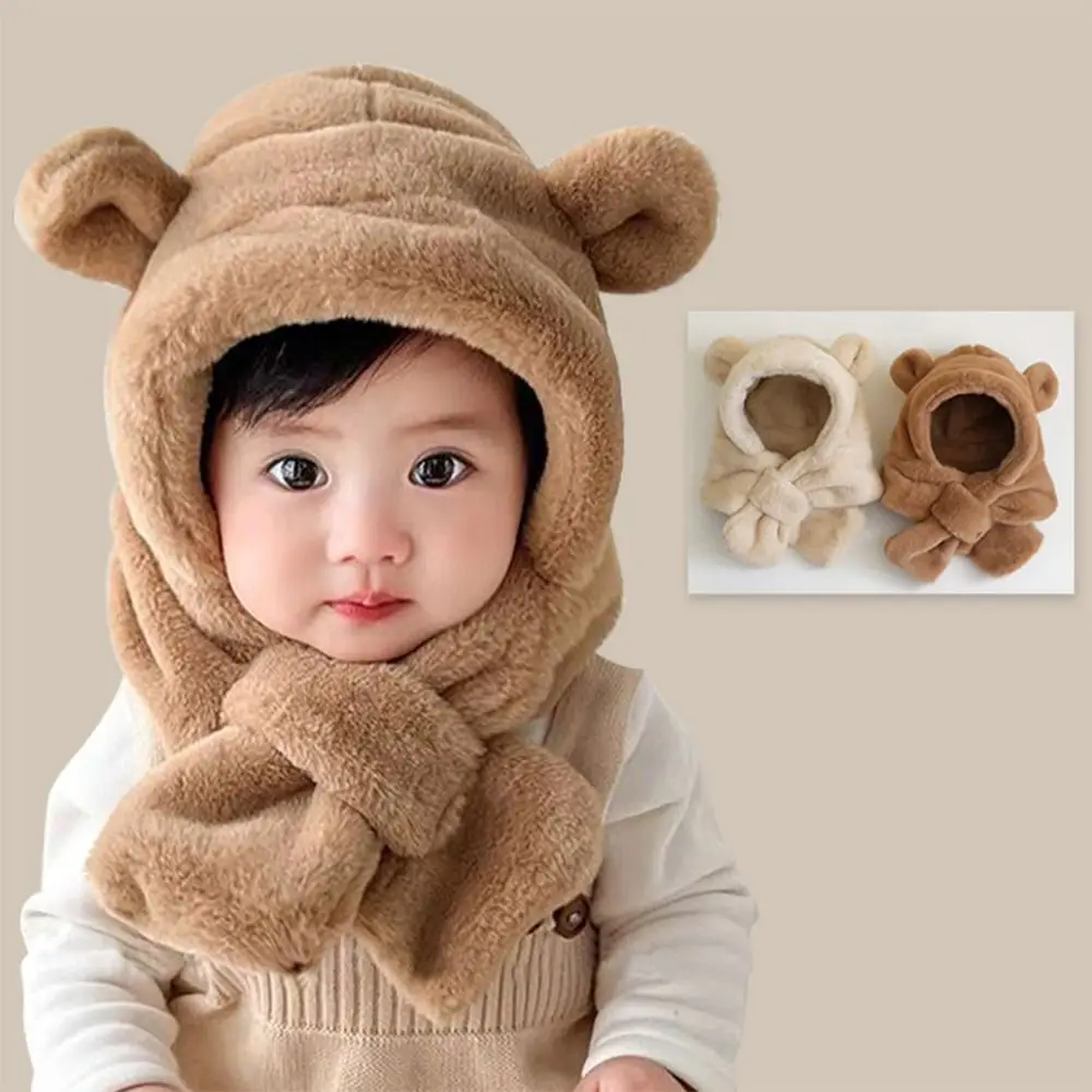 

Solid Color Bear Plush Hat Fashion Design Korean Style Children Fleece Hat Cartoon Muffler Plush Hat with Scarf Ear Protector