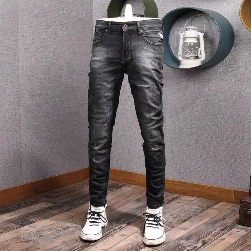 Fashion Designer Men Jeans Retro Black Gray Stretch Slim Fit Ripped Jeans Men Vintage Velvet Denim Pants Winter Warm Trousers
