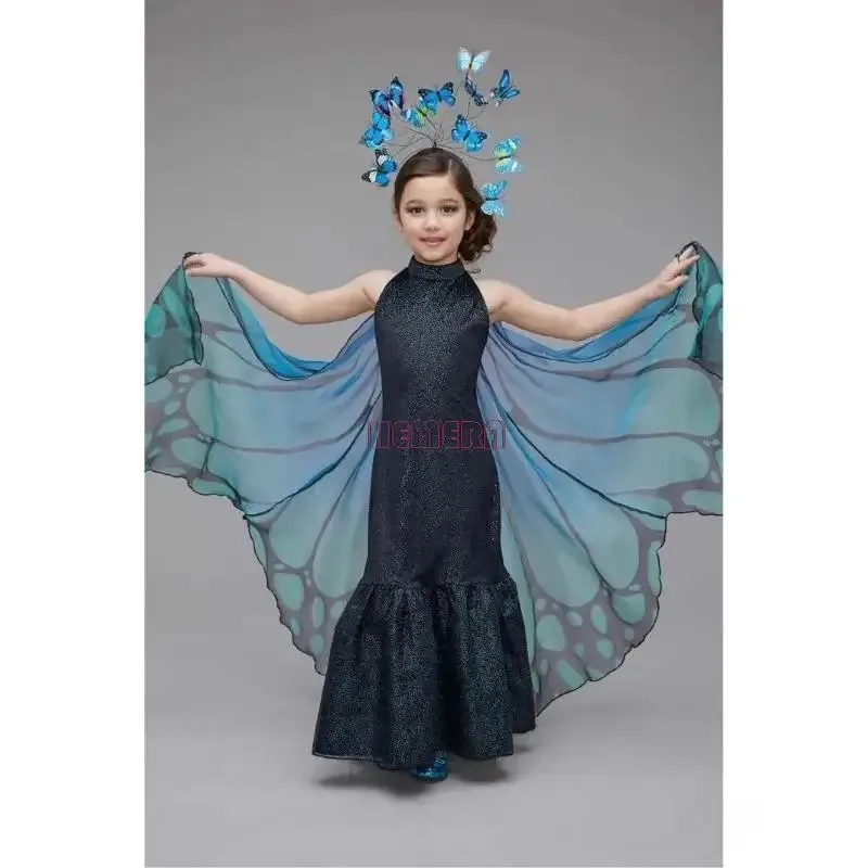 

Костюм с крыльями бабочки для девочек, косплей, животное, синяя вспышка, реквизит-бабочка, Хэллоуин, Рождество, головной убор, комплект с крыльями, платье для шоу