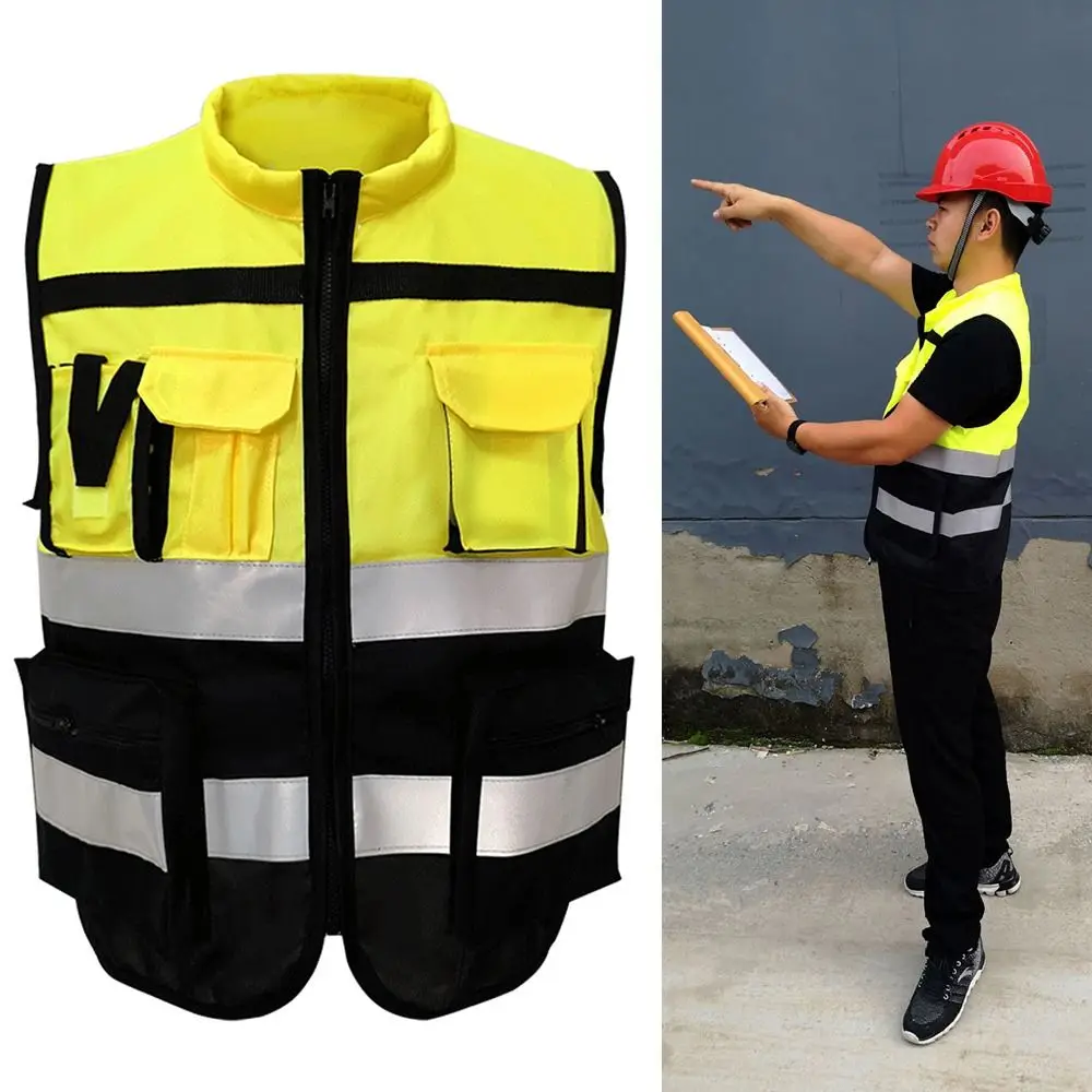 L-XXXXL Reflective Vest Security High Visibility Traffic Safe Clothing Pockets Design Black&yellow Color Matching Safety Wear