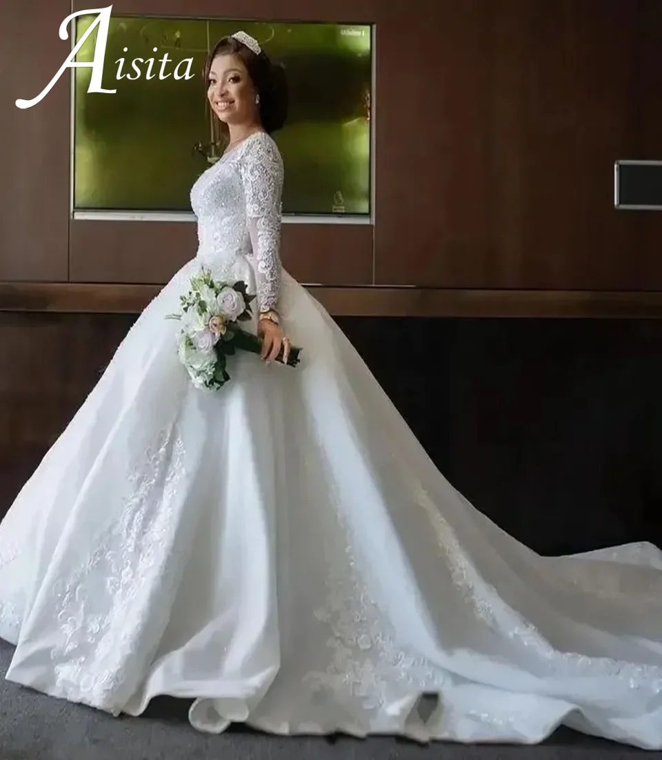 Elegant A-lijn O-hals Wit Satijn Aangepaste Rits Lace Up Trouwjurken Lange Mouwen Kralen Applique Satijnen Pailletten Bruidsjurken