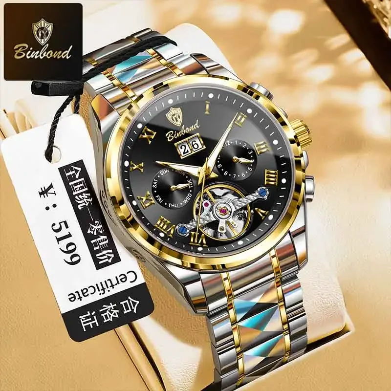 BINBOND Fashion Luxury Men Automatic Mechanical Watch Date Waterproof Watch Hollow Tourbillon Stainless Steel Men Watch Reloj
