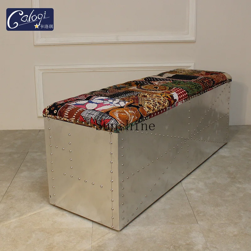 Aluminum leather rivet personalized low stool retro old newspaper leather soft bag long stool