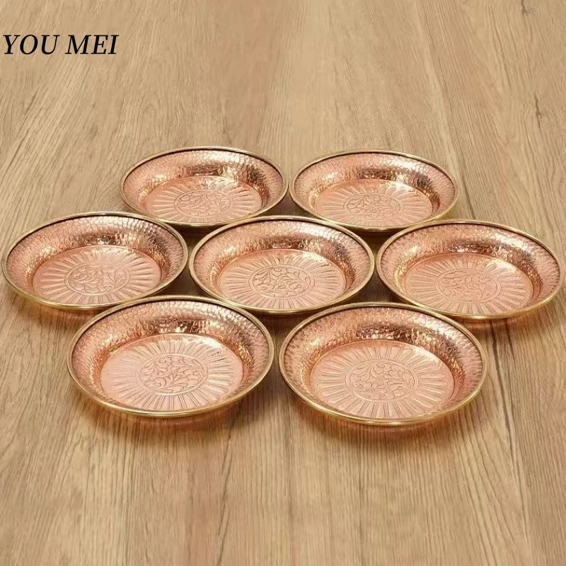 7pcs Buddhist Item Altars Red Copper Tray,Buddhism Tribute Engraving Sanger Flower Holy Plate,Nepal Tibetan Handicraft Holy Bowl