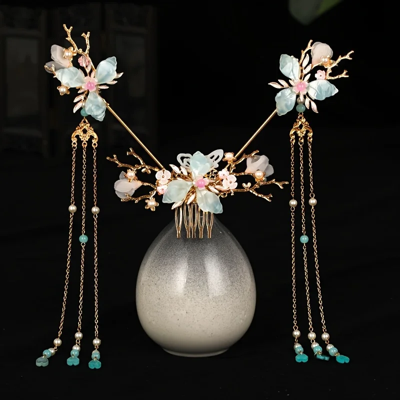 Chinese Style Pearl Crystal Hairpin Earring Set For Women Bride Party Hanfu Wedding Bridal Hair Accessories Jewelry Pin Band