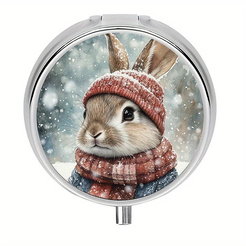 1 Mini Pill Box with 3 Compartments, Winter Wonderland Rabbit Design, Mini Pill Container, Pill Organizer, Unique Travel Gift