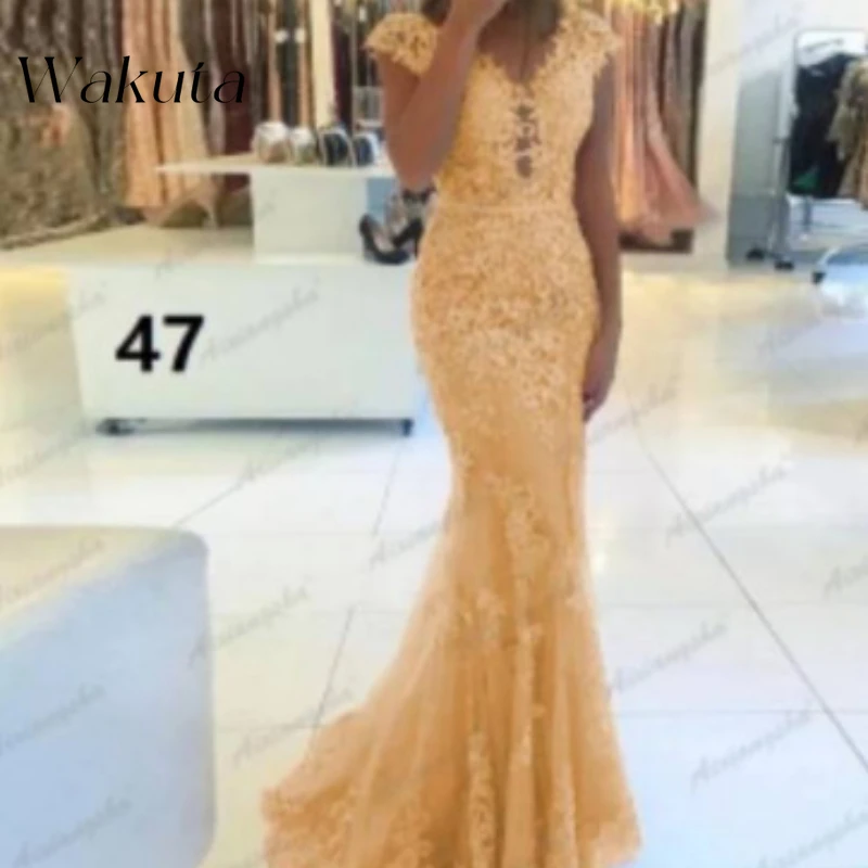 Wakuta Vintage Classic V-Neck Lace Engagement Evening Robe Chic Slim Applique Mesh Princess Banquet Party Vestido Elegante Mujer