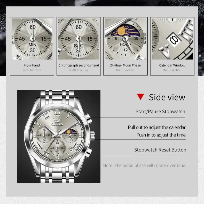 OLEVS 2871 reloj para hombre, reloj de cuarzo Original de lujo, resistente al agua, fecha luminosa, cronógrafo de fase lunar, reloj clásico a escala romana para hombre