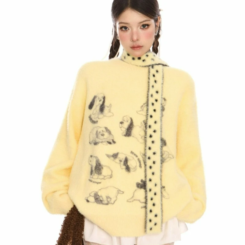 

2026 New Style of Fun Puppy Mohair Soft Fluffy Sweater for Women in Autumn Laid-back Style High-end Creamy Fufu with A Scarf