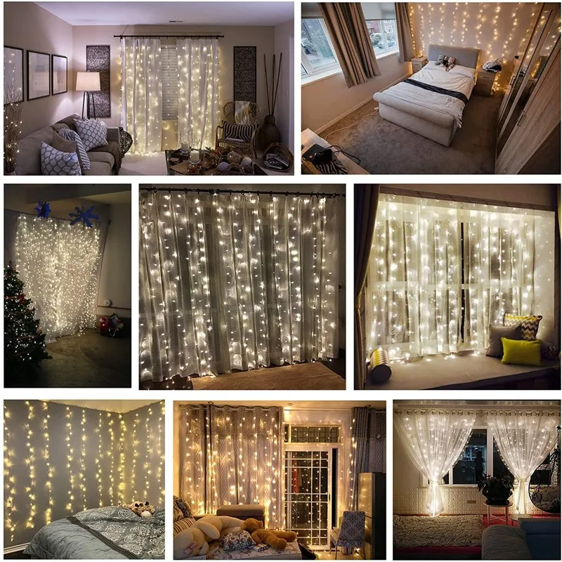 LED Curtain Lights Christmas Decoration 2023 3x3 6x3 9x3 LED Festoon Outdoor String Lights Aesthetic Room Decor New Year Wedding