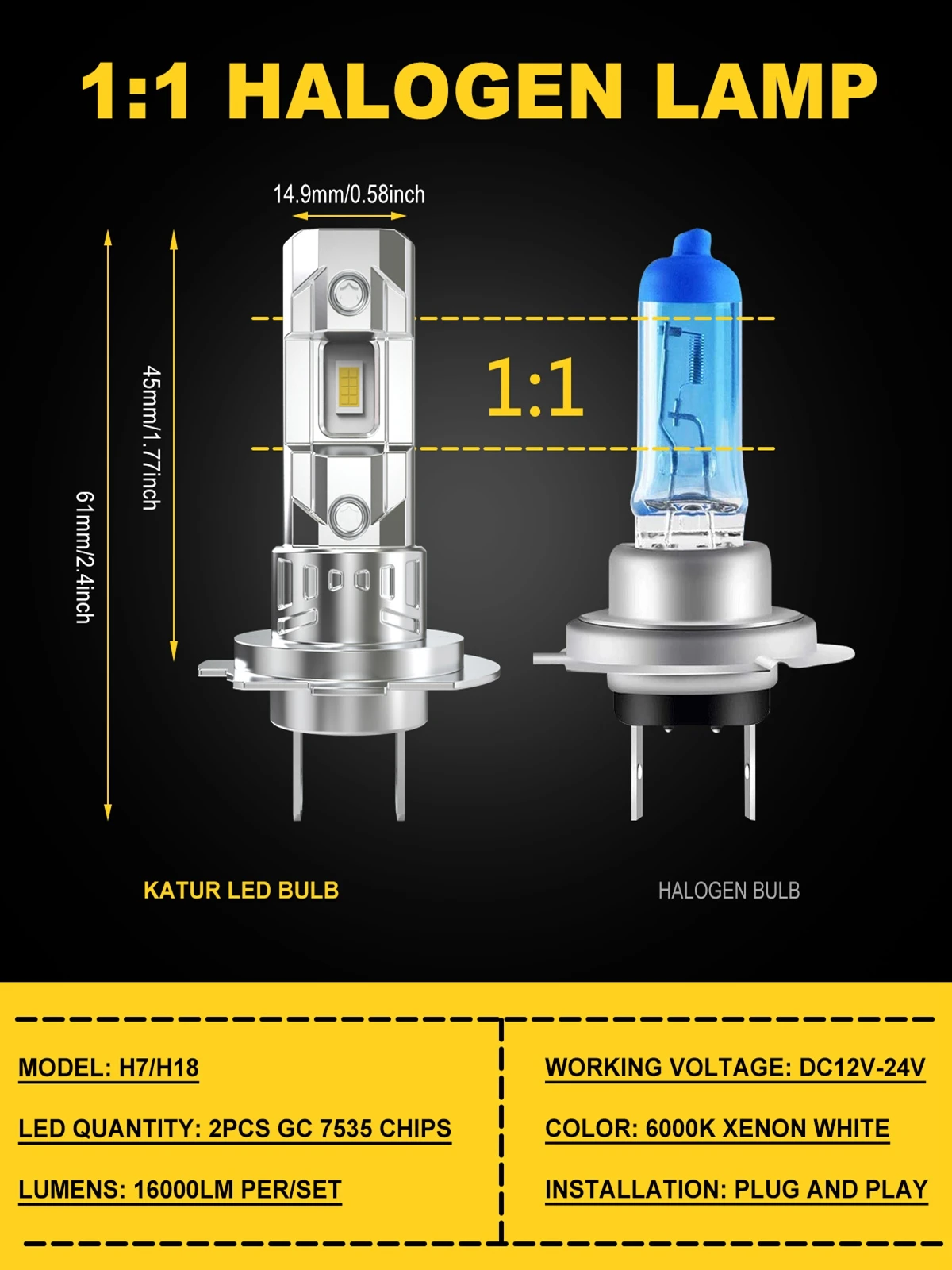 Katur 2 Stück H7 LED-Scheinwerferlampen, Mini-Größe, lüfterlos, kabellos, für Autoscheinwerfer, CSP, LED, H7, Auto-Diodenlampe, 6500 K, 360 °   Abstrahlwinkel