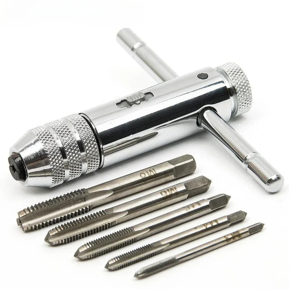 

Adjustable Silver T-Handle Ratchet Holder Wrench with 5pcs M3-M8 3mm-8mm Machine Screw Thread Metric Plug T-shaped Tap