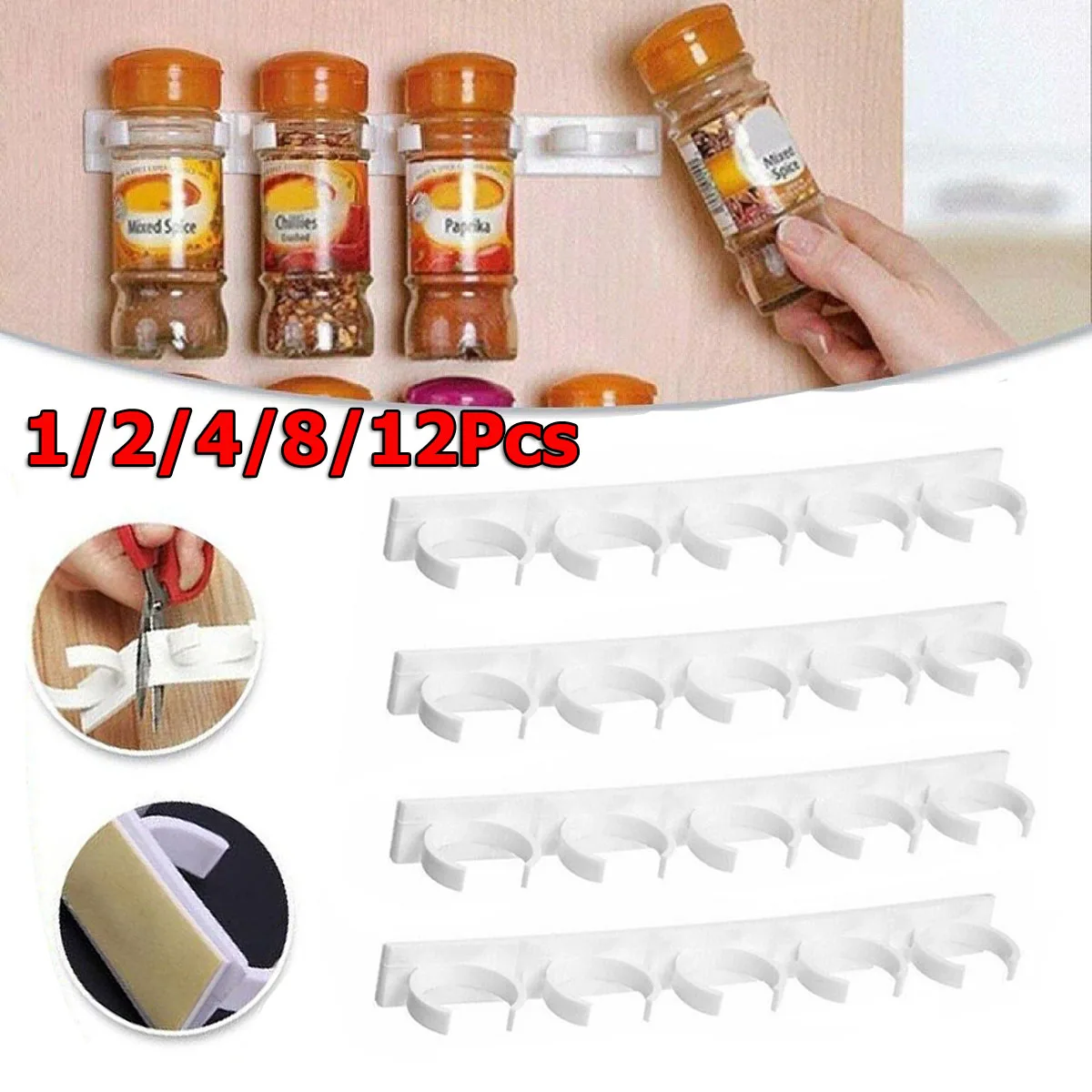 1/2/4/8/12Pcs Kitchen Spice Rack Wall Mount Storage Jars Holder Home Ingredient Plastic Clip Rack Organizer Storage Accessories