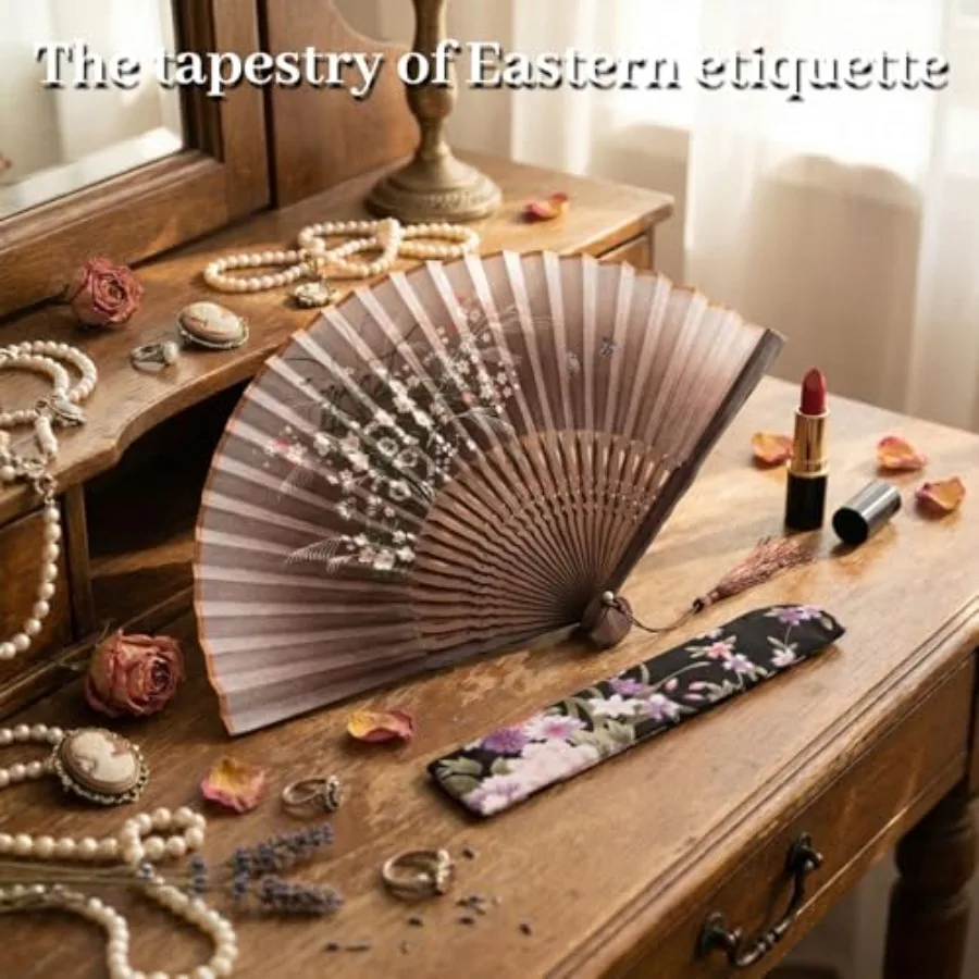 Linen Folding Fans, 8.3 Inch Hand Fans for Women Foldable Handheld Portable Chinese Style Crafts for Dancing, Photography Props