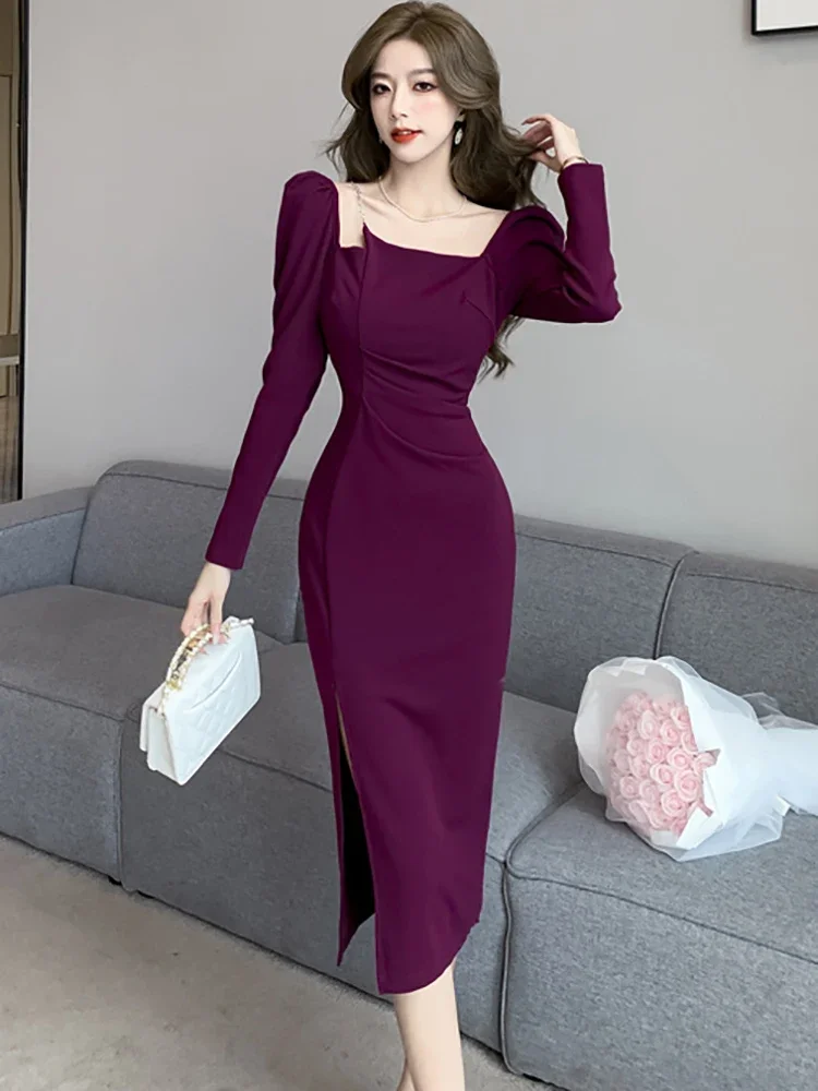 knee length dresses for ladies Lace Long Sleeves Off Shoulder Satin Split Dress main image 0