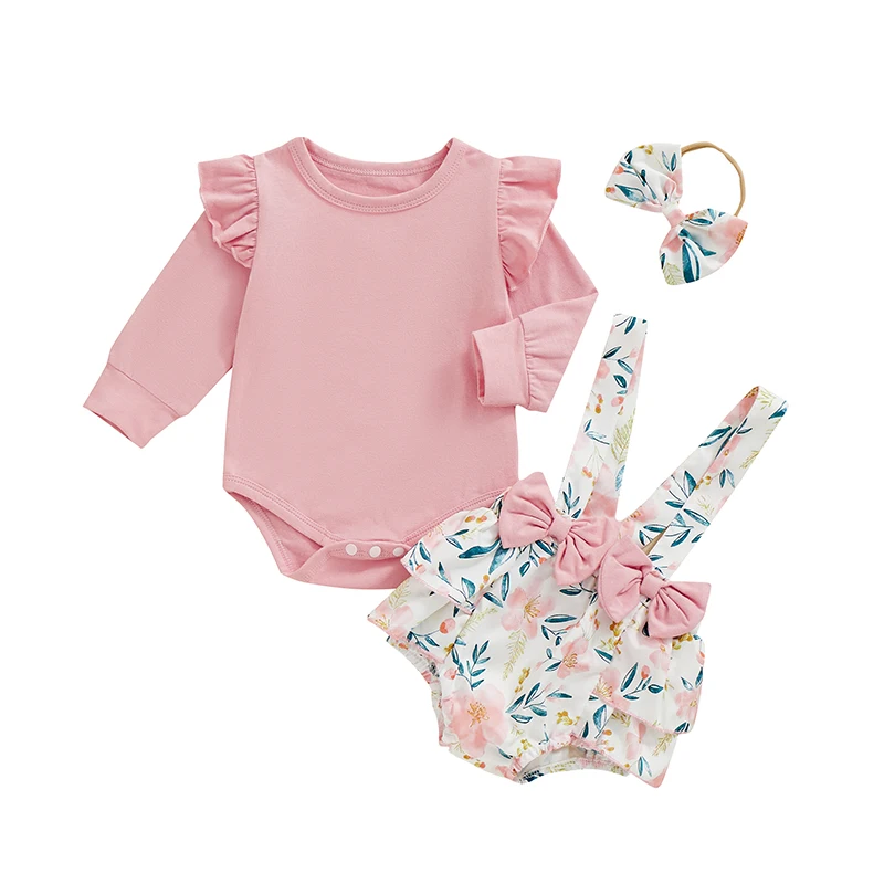 

Осенний комплект для маленьких девочек, комбинезон с длинным рукавом и оборками, комбинезон с цветочным принтом, юбки-брюки, повязка на голову с бантом, наряды