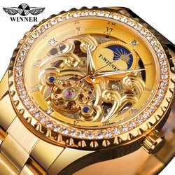 Winner Brand Golden Moon Phase Design Luxury Retro Style Diamond Full Stainless Steel Skeleton Tourbillon Men Automatic Watches