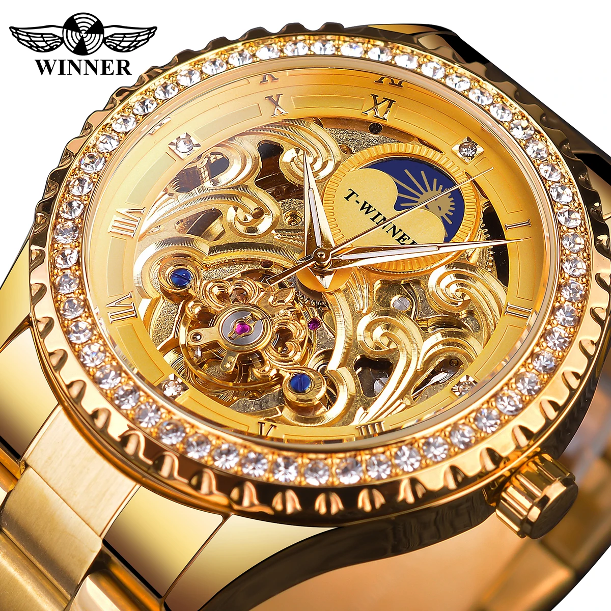 Winner Brand Golden Moon Phase Design Luxury Retro Style Diamond Full Stainless Steel Skeleton Tourbillon Men Automatic Watches