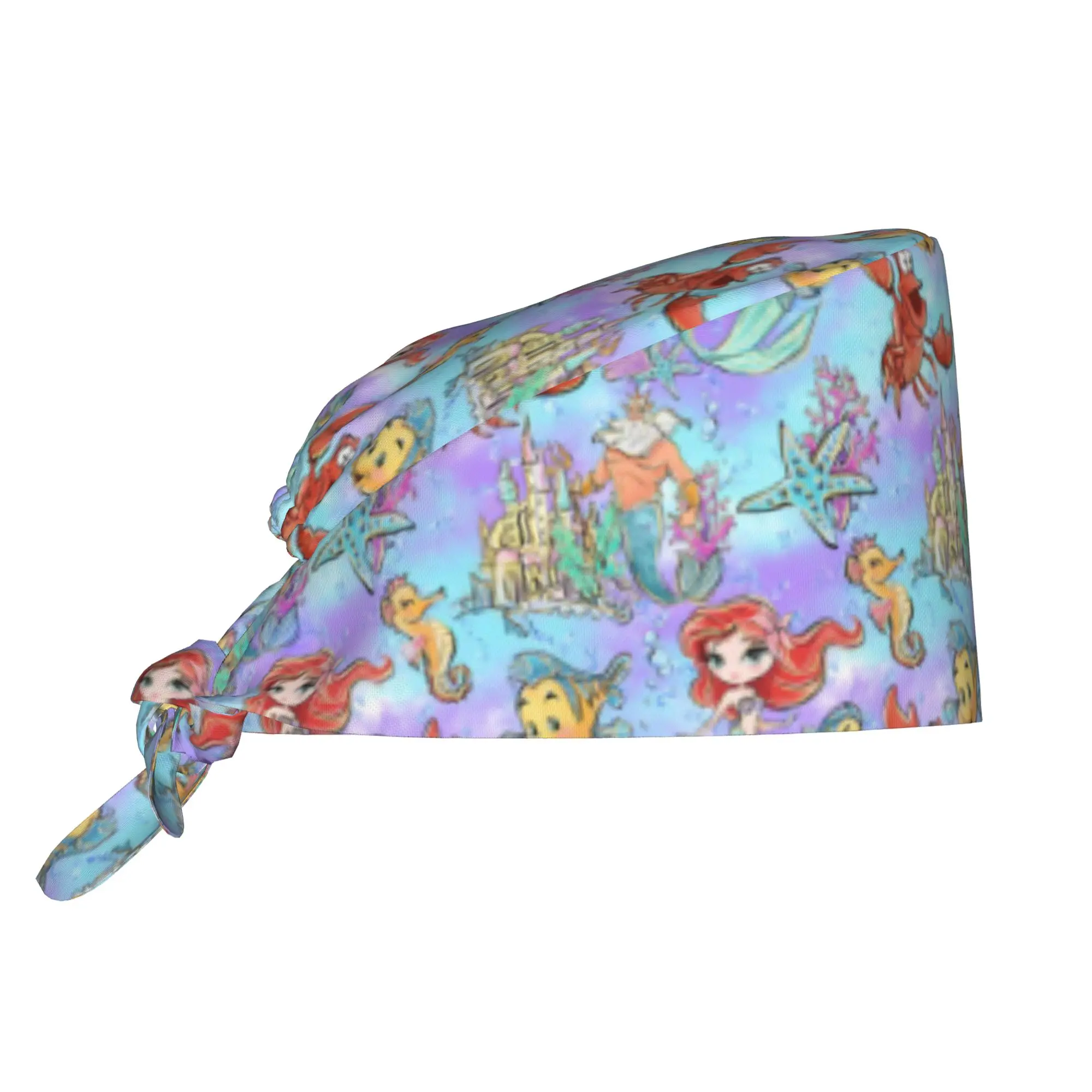 Adjustable Littles Anime Mermaides Working Hat Women Men Fish Manga Surgical Hat Scrub Nursing Doctor Surgeon Cap for Nurse