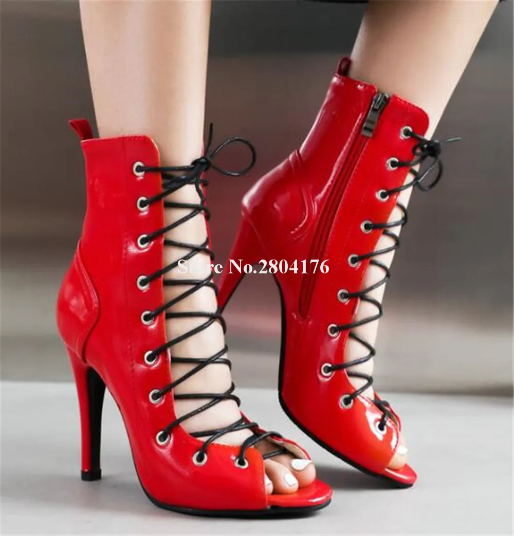 Shining Patent Leather Red Black White Stiletto Heel Short Boots Open Toe Lace-up Thin Heel Ankle Booties