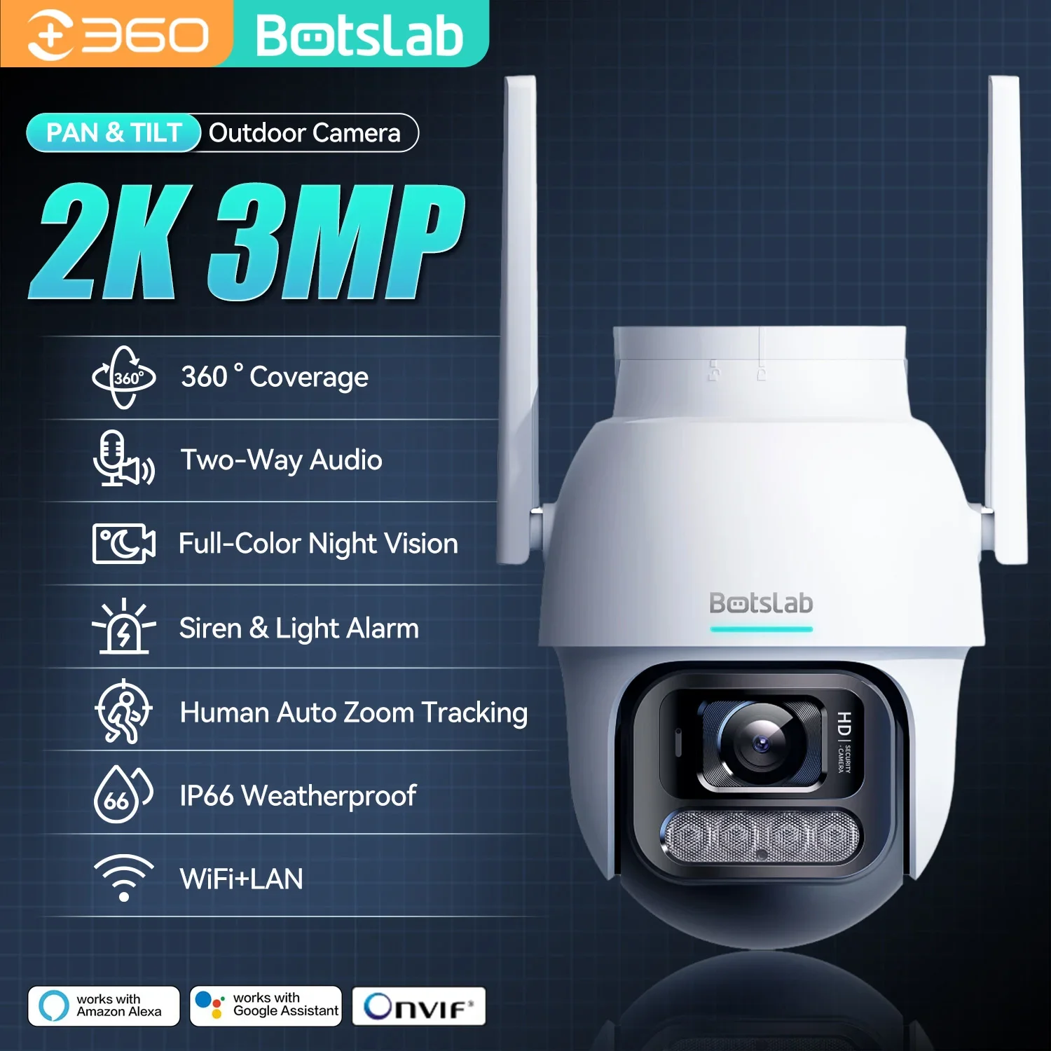 Botslab 3MP/4MP HD Câmera interna/externa sem fio PTZ WiFi IP66 Smart Home Cam Sirene e alarme de luz Full Color Night Vision Cam