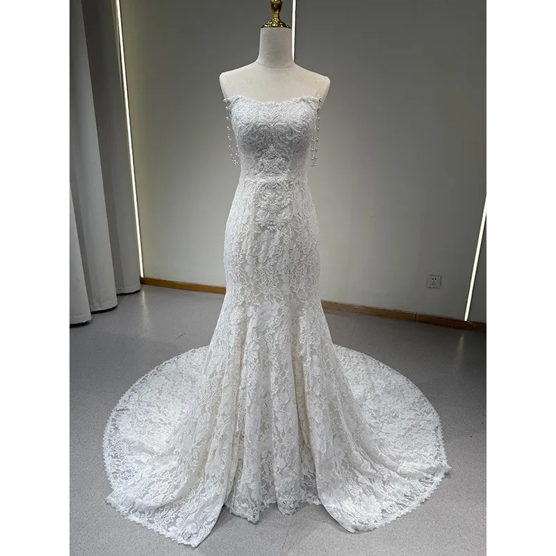 

Strapless chiffon fishtail dress a light luxury lace beaded tailline for going out