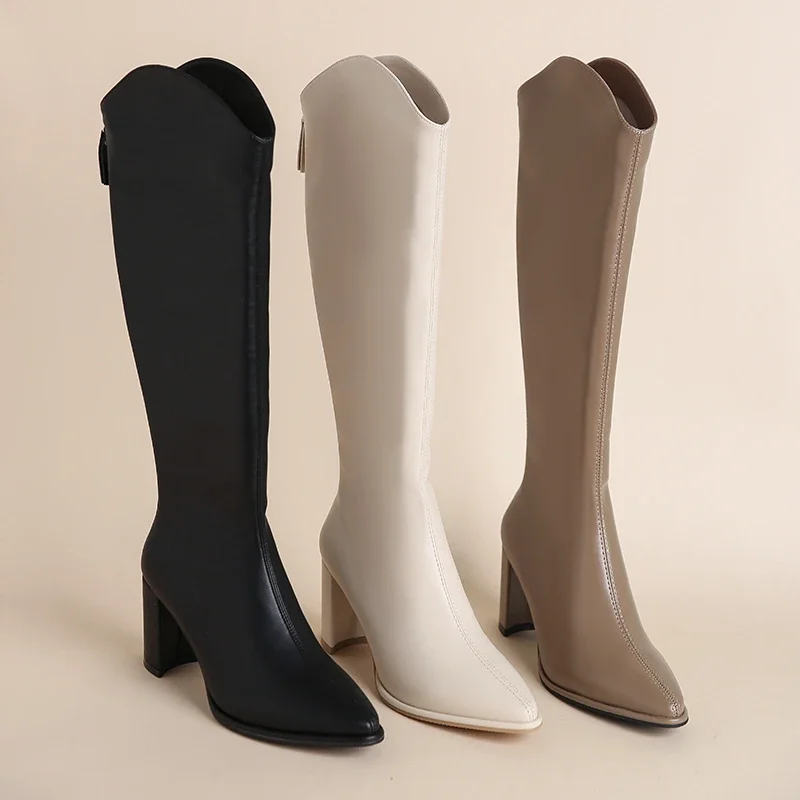 

Women Long Boots Plus Size 43 Zipper Thick High Heels Simple Elegant Party Booties Autumn Winter Pointed Toe Knee High Boots ﻿