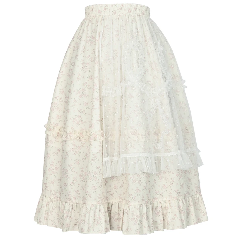 森ガール族オリジナル甘い初恋牧歌的なスタイルの花レーススプライシングスカートプリント A ラインスカート新スタイル女性のための