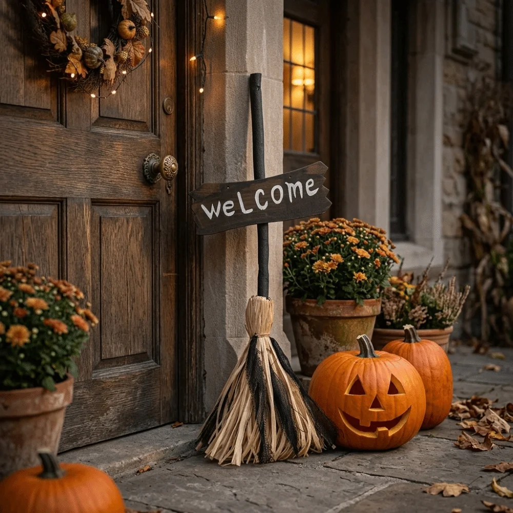 Sprachgesteuerter Halloween-Hexenbesen mit LED-Licht, Leuchtender Halloween-Elektrobesen mit Flexiblem Griff und Willkommensschild – Detail 4