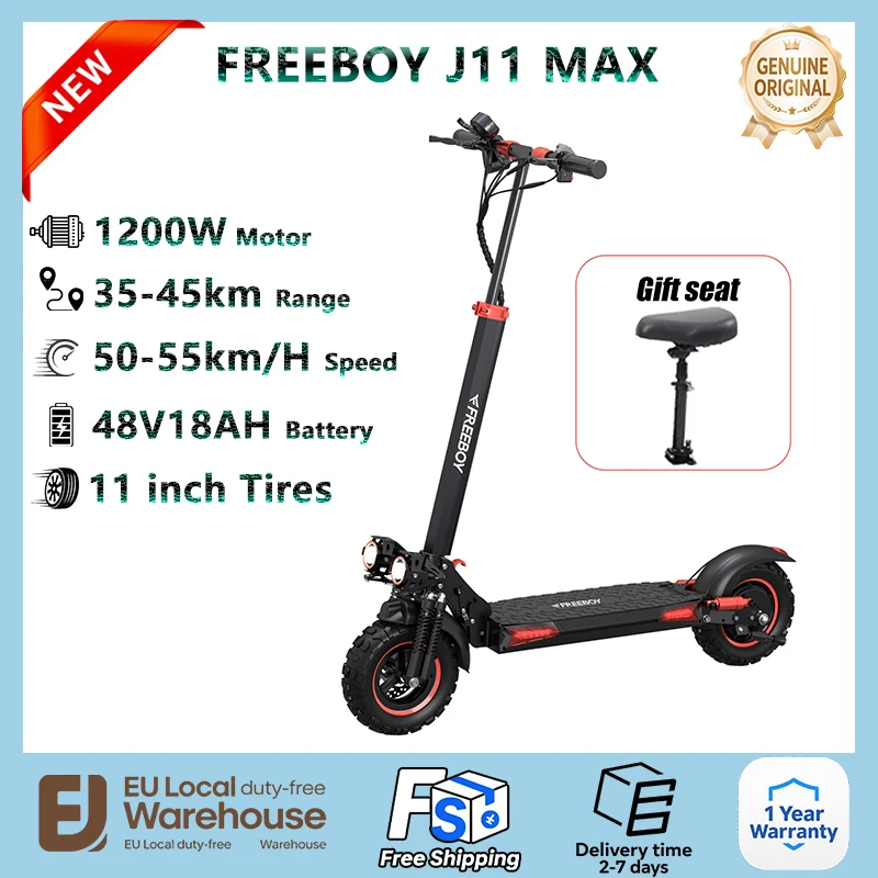 Trottinette électrique FREEBOY J11 Max, moteur 1200W, batterie 48V18AH, siège offert, vitesse maximale 50 km/h, pneus 11 pouces, pour trajets quotidiens et tout-terrain.