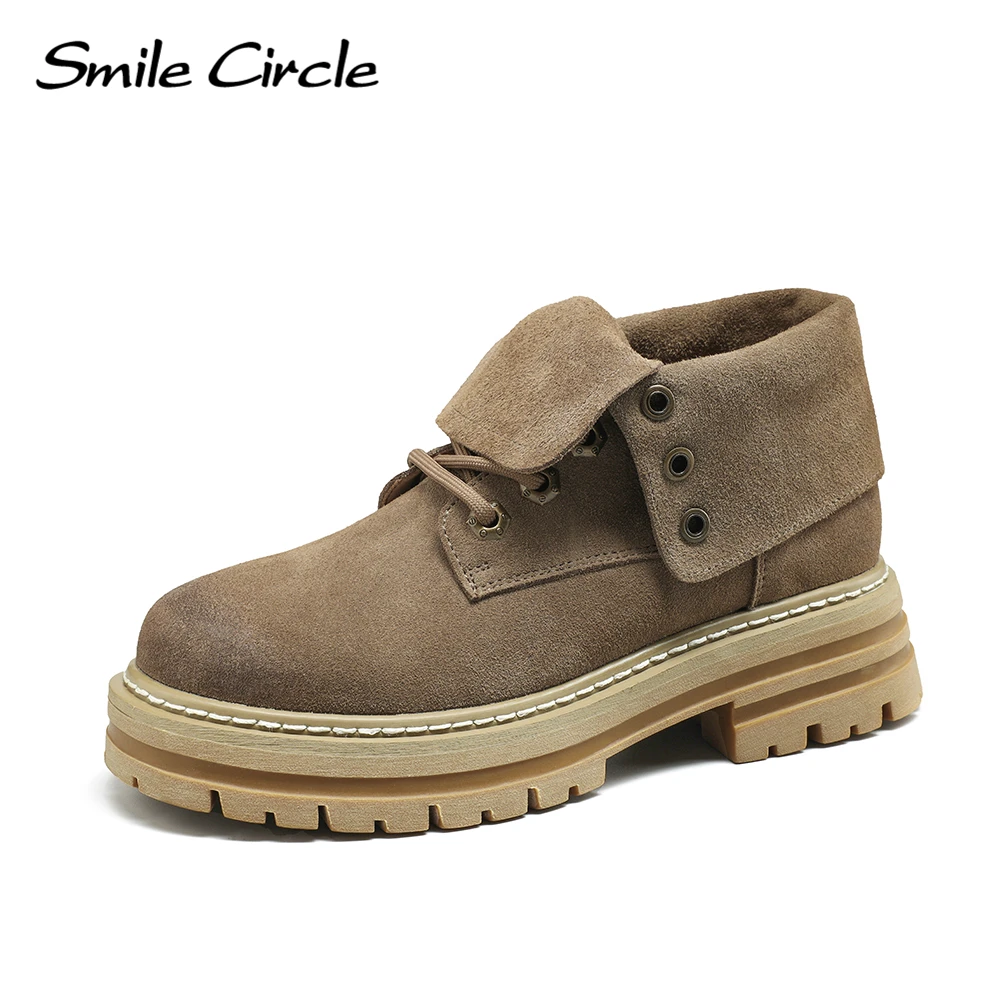 Smile Circle Women Ankle Boots Cow Leather Platform Boots Autumn/Winter Lace-up Chunky Boots for Women Shoes Two ways to use