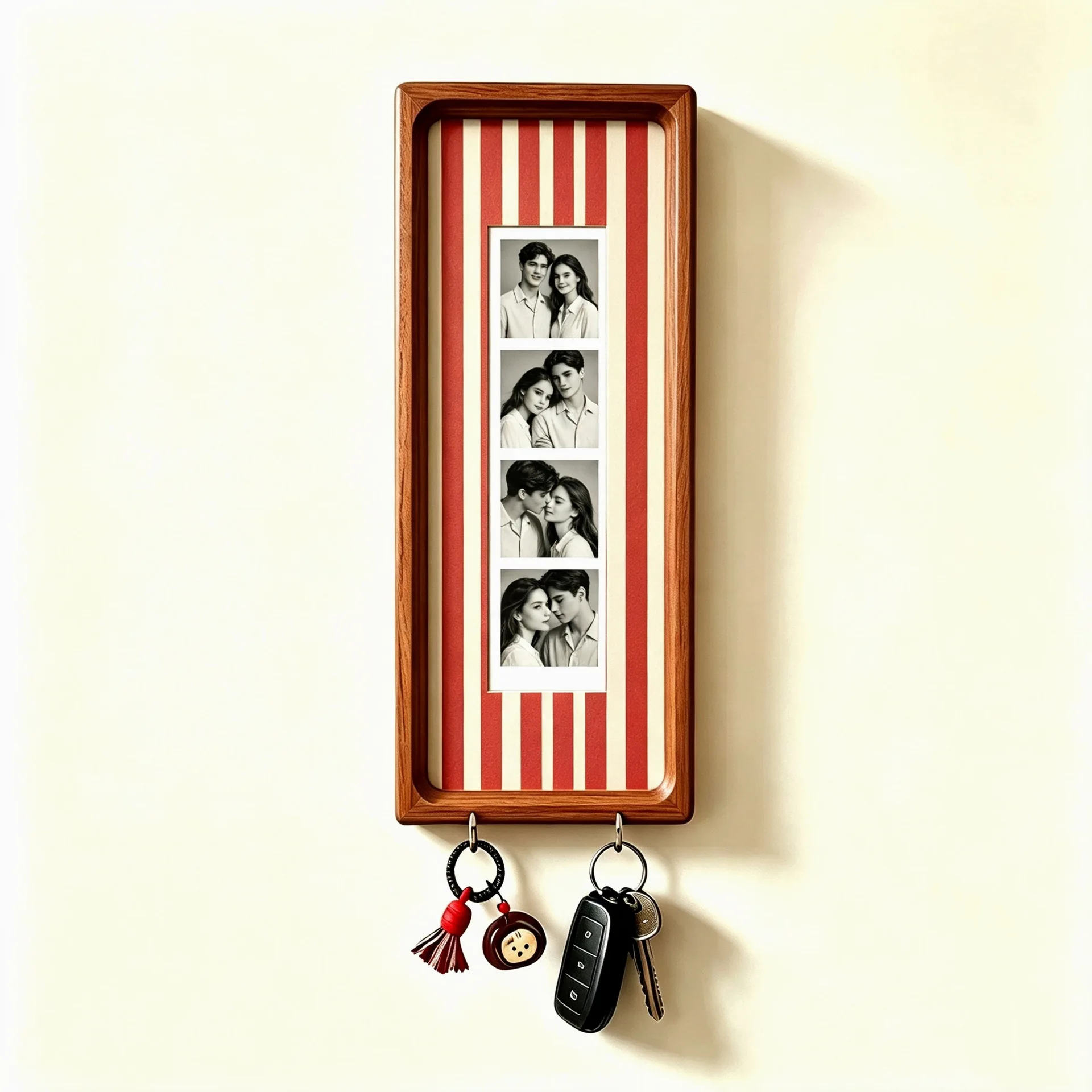 Lineshading Photo Booth Frames Photo Strip Key Holder with Fabric Mat Walnut Wood Wall Mounted Key Organizer with Hooks DIY Gift