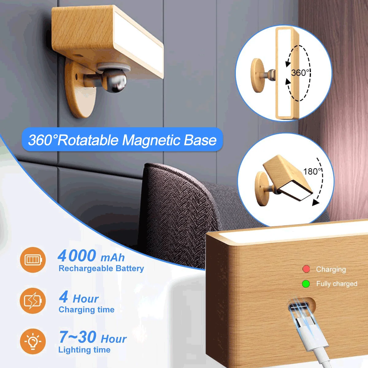 مصباح حائط LED مغناطيسي لاسلكي محمول للقراءة من النوع C قابل لإعادة الشحن 360 درجة °   مصباح كشاف لخزانة التحكم عن بعد