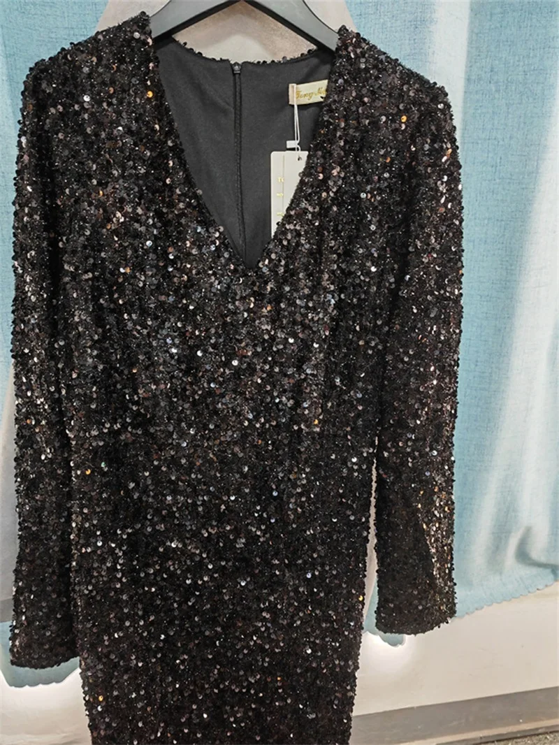 Robe de soirée à paillettes pour femmes, col en V profond, longue queue, taille serrée, robe de soirée élégante, gris, noir, plus récent, en stock