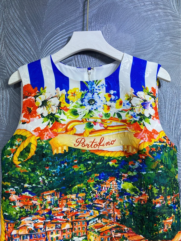 JUNLINNA Fashion Runway Sicilian Dress O-Neck Sleeveless Polyester Printing Mini Vestidos Beach Holiday Princess