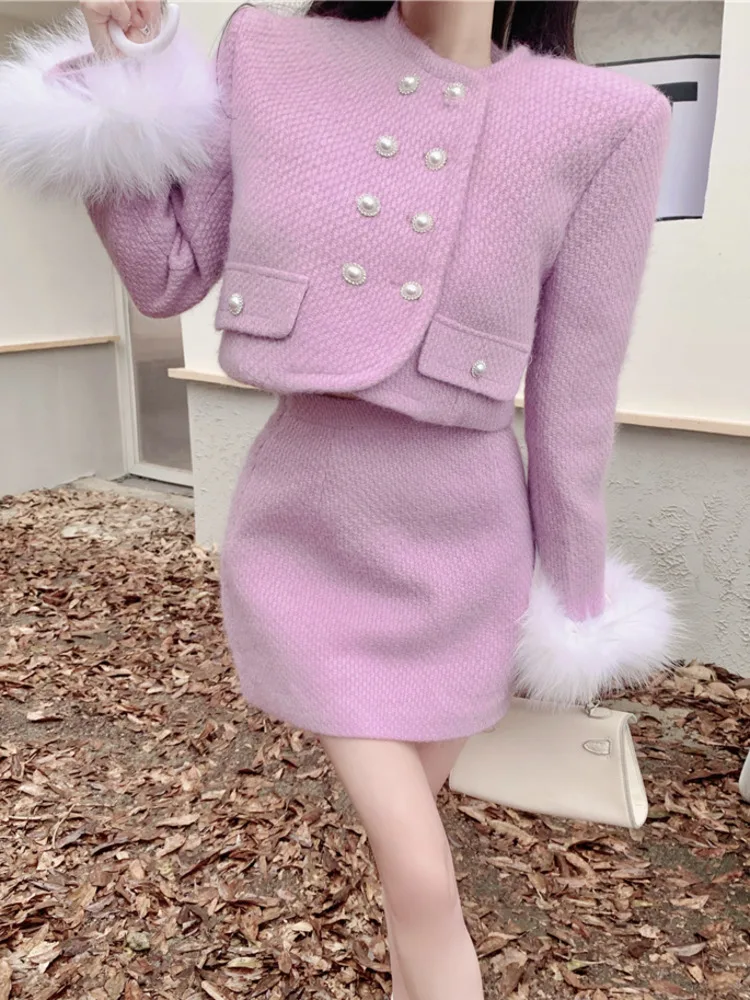 

High Quality Fall Winter Small Fragrant Two Piece Set Women Short Jacket Coat + Skirt Suits Korean Sweet Fashion 2 Piece Outfits