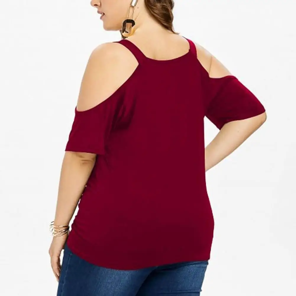 Blusa de encaje de manga corta para mujer, camisa transparente con hombros descubiertos, Color sólido, talla grande, Verano