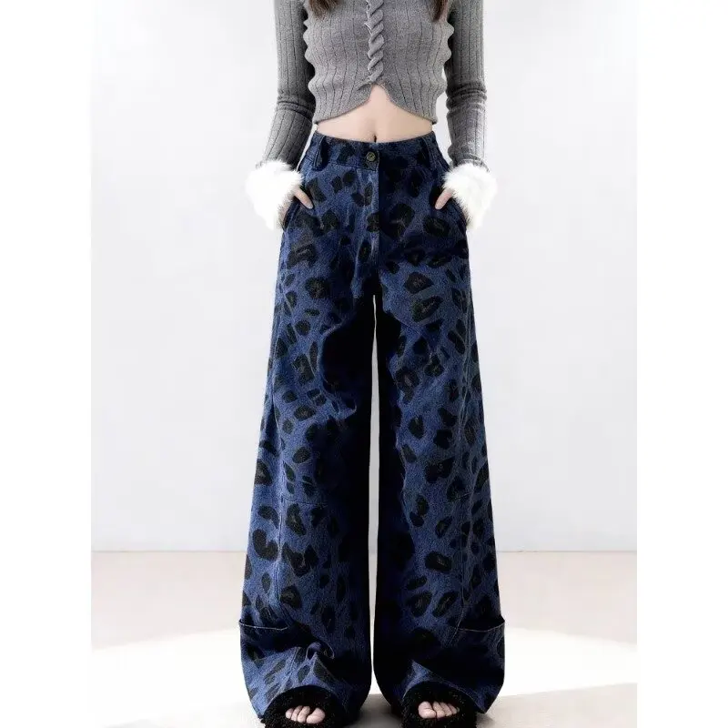 Autumn Women Blue Leopard Y2k Baggy Jeans Vintage Wide Leg Denim Trousers Aesthetic 2000s Style Oversize Casual Jeans Pants